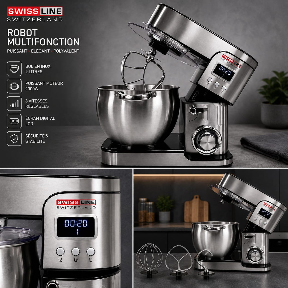 Batidora Amasadora Planetaria Profesional 2000W – 9 Litros | Acero Inoxidable con Pantalla Digital