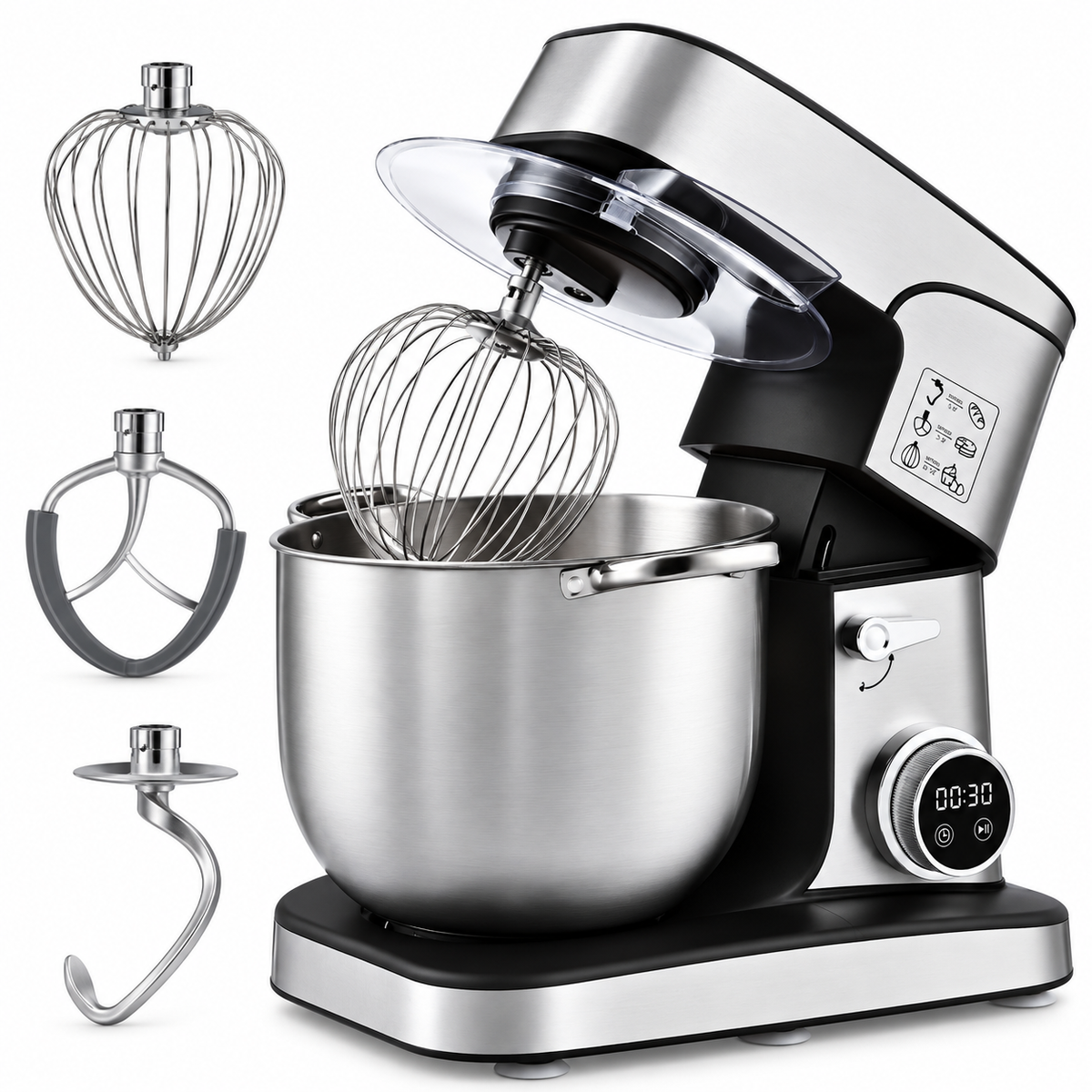Batidora Amasadora Profesional 2800W, Robot de Cocina de 16 Litros con Bol de Acero Inoxidable, Sistema Planetario, Pantalla Digital y 3 Accesorios para Pan, Pizza y Repostería