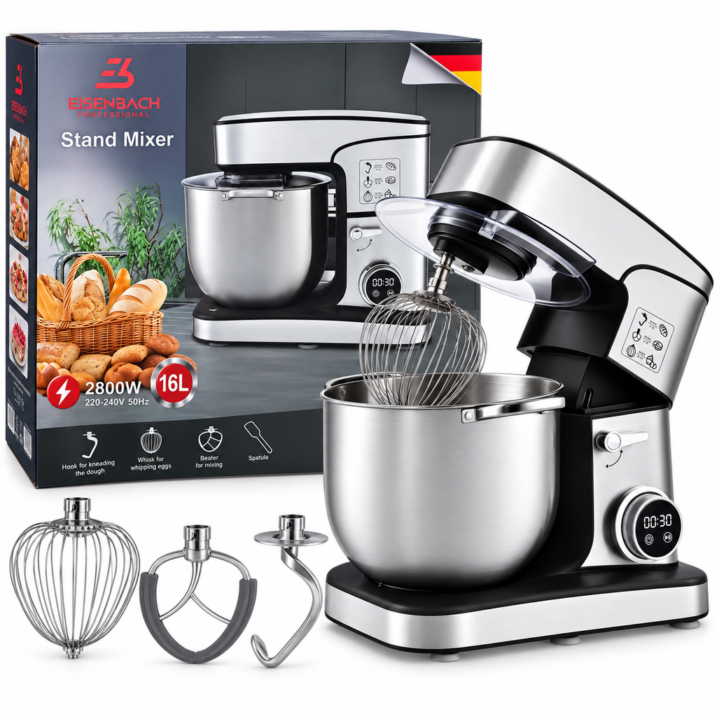 Batidora Amasadora Profesional 2800W, Robot de Cocina de 16 Litros con Bol de Acero Inoxidable, Sistema Planetario, Pantalla Digital y 3 Accesorios para Pan, Pizza y Repostería