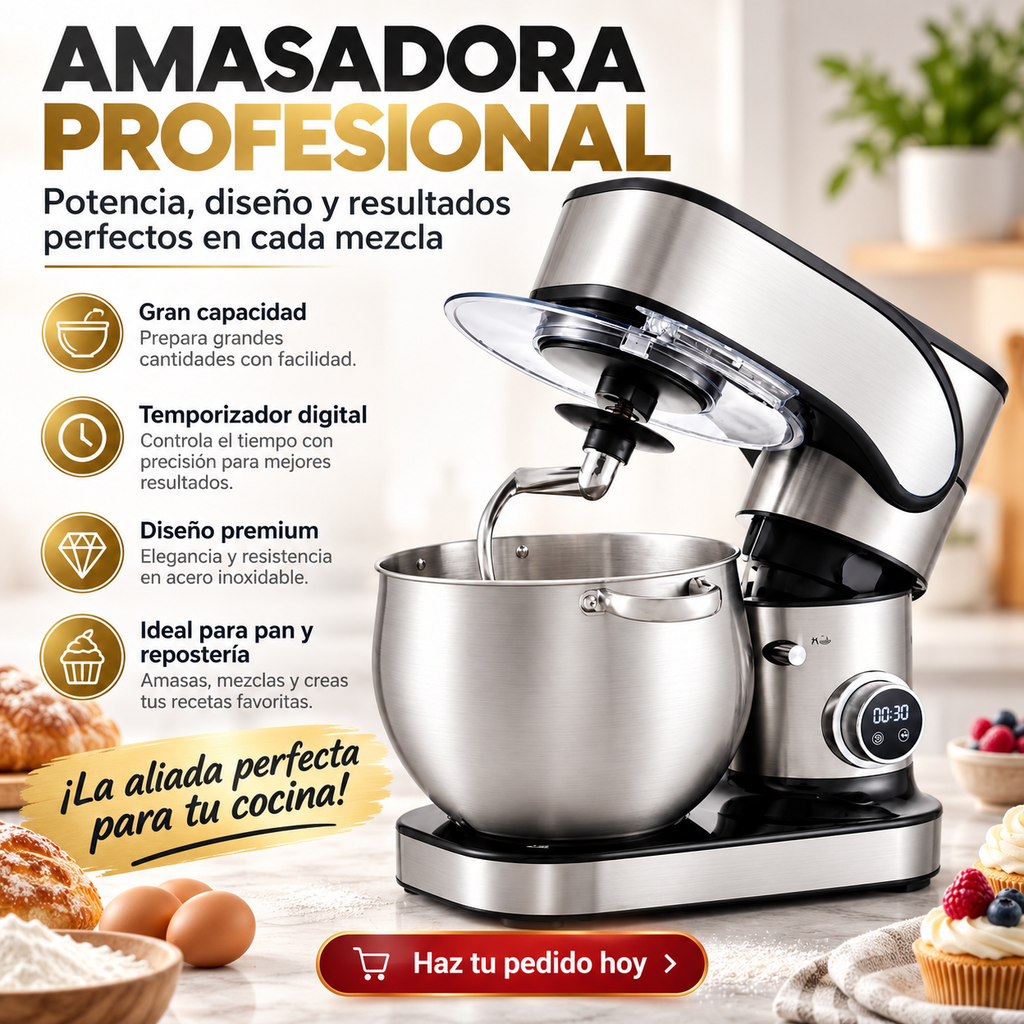 amasadora batidora multifunción de 2800W y 12 litros de capacidad, ideal para preparar masas de pan, pizzas, bizcochos, tartas, cremas y muchas recetas más.