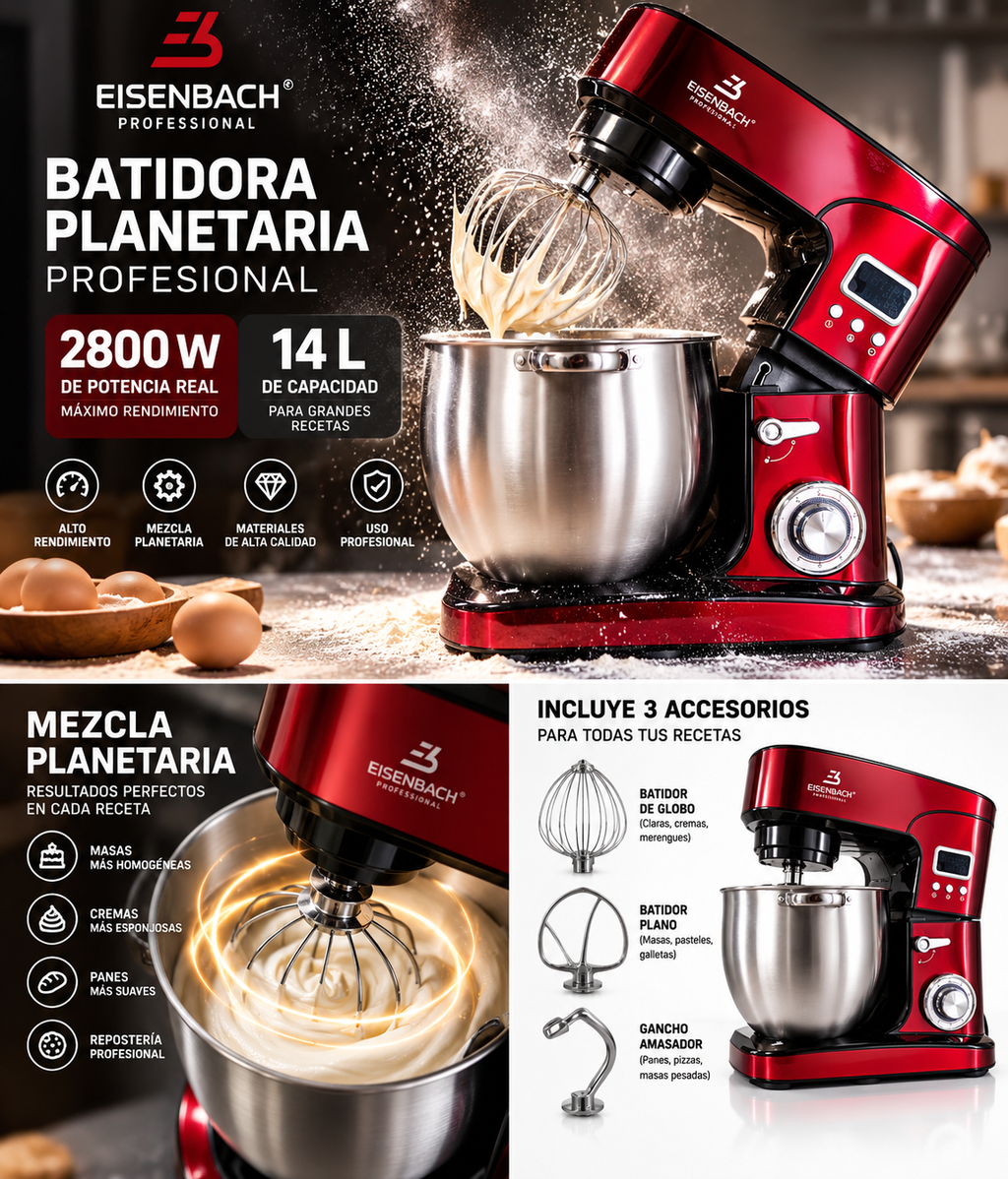 Batidora Amasadora Profesional EISENBACH 2800W – Bol de Acero Inoxidable de 14 Litros – Alta Potenci