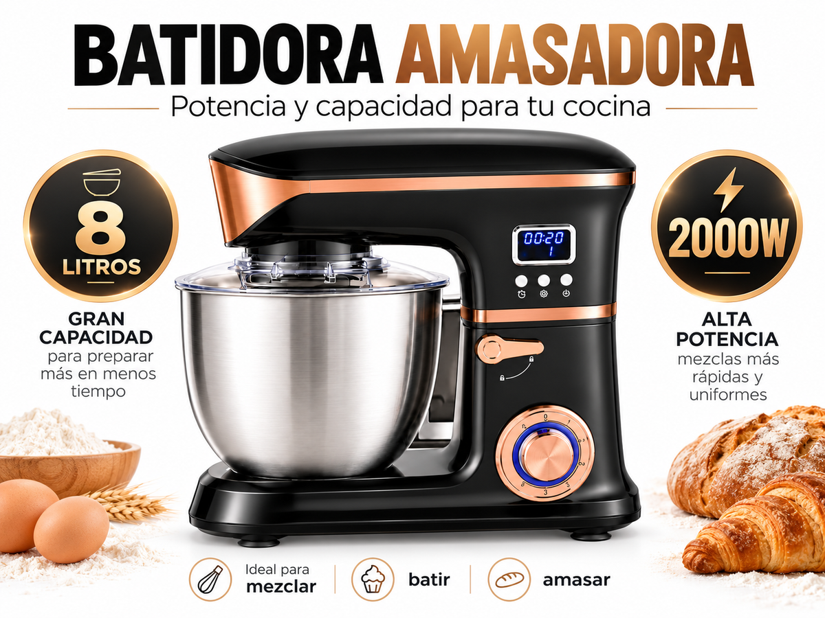 Batidora Amasadora Profesional Eisenbach 8 Litros 2000W – Bol de Acero Inoxidable, Multifunción y Diseño Premium