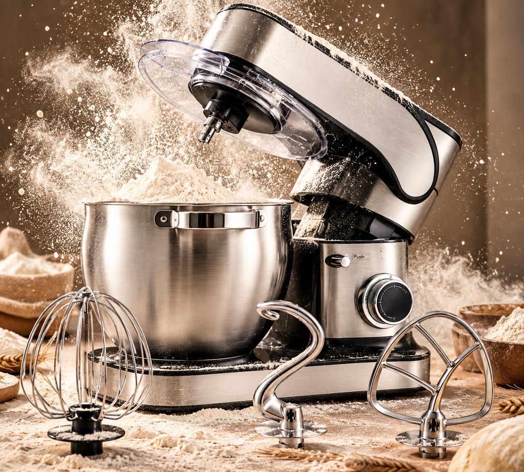 amasadora batidora multifunción de 2800W y 12 litros de capacidad, ideal para preparar masas de pan, pizzas, bizcochos, tartas, cremas y muchas recetas más.