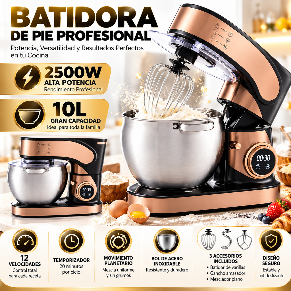 Amasadora Profesional Eisenbach 10L 2500W – 12 Velocidades con Pantalla Digital