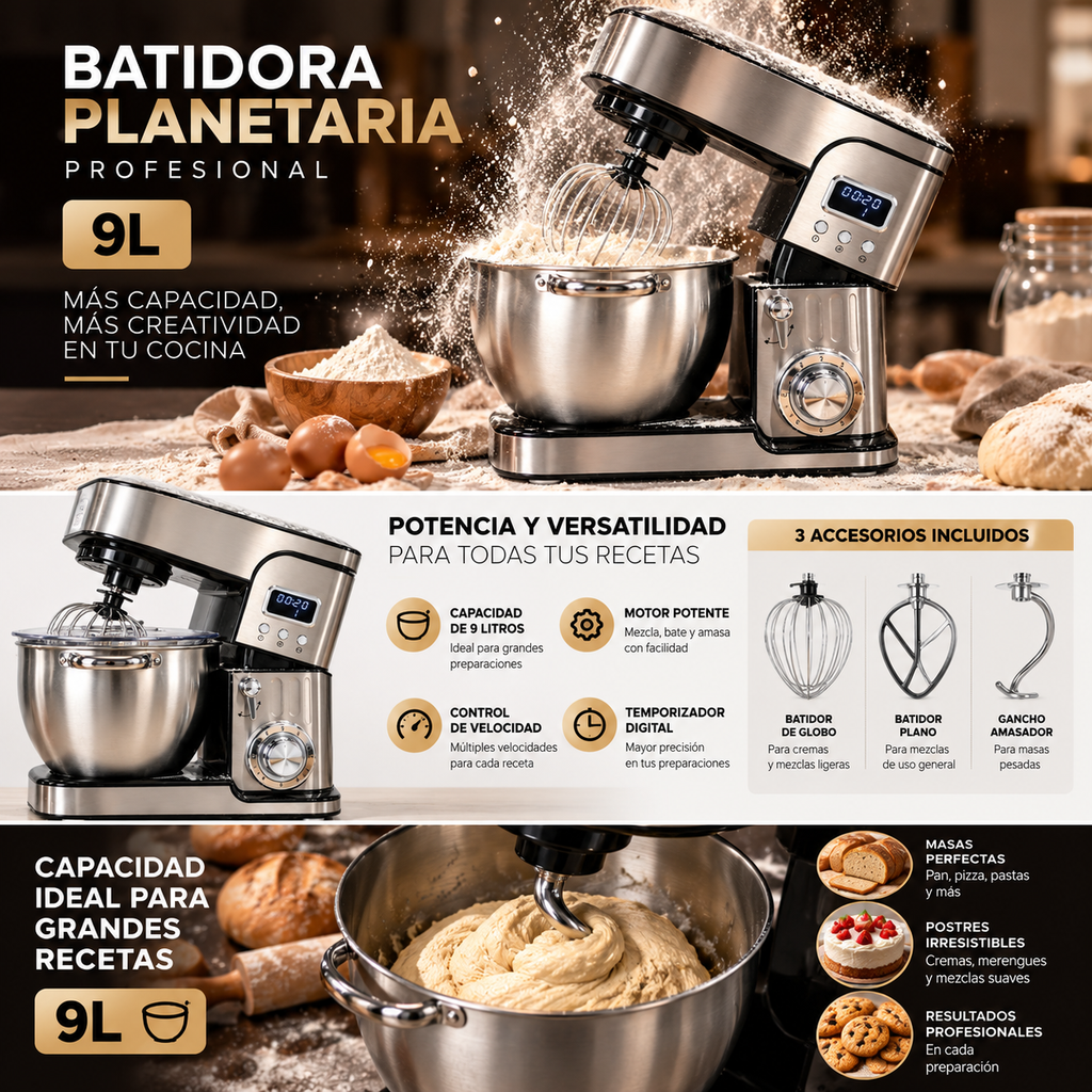 Batidora Amasadora Planetaria Profesional 2000W – 9 Litros | Acero Inoxidable con Pantalla Digital
